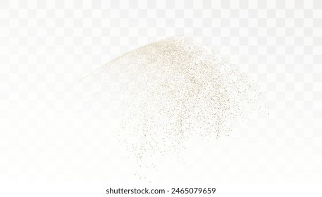 Glänzender Goldstaub. Kleine glänzende Staubpartikel fallen chaotisch auf einen durchsichtigen Hintergrund. Hintergrund der Weihnachtsmusiken. Pulverstreuungseffekt. Vektorgrafik 10 EPS	