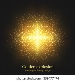 Shining gold explosion on black background, vector