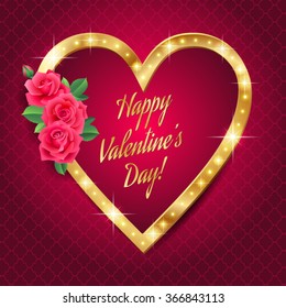 Shining gold frame in the shape of a heart on red background. Card for of St. Valentine
