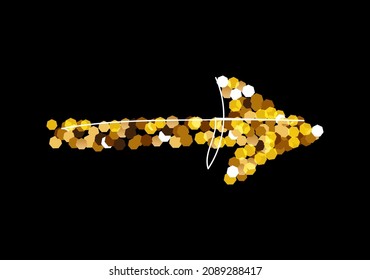 Shining Gold Glitter arrow. Merry Christmas and New Year holiday element for icon, card, decor, invitation, poster, website, banner, festive design. Glittery vector illustration.