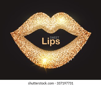 Shining Gold Lips. Glamor Design. Jewelry & Fashion Element. Vector illustration