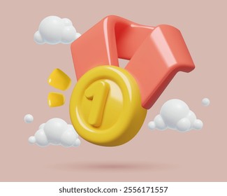 Shining gold medal 3d emoji with number one. First place award concept vector background flying in clouds.