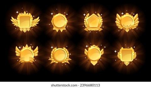 Shining gold medals set with light and sparkles. Win and achievement badge, reward sign. UI game icon . Cartoon isolated vector illustrations collections on dark background.