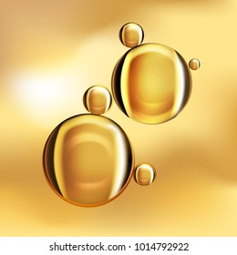 Shining gold oil vector drops on glowing  yellow background. Luxury concept vector Illustration of collagen essence or gold serum droplets for cosmetics, beauty and spa brochure, poster or template