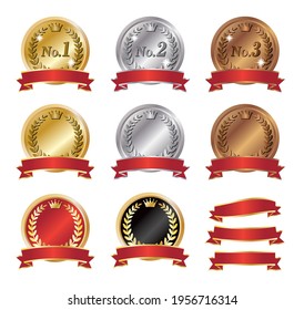 Shining gold, silver and bronze ranking medal icon set with red ribbon