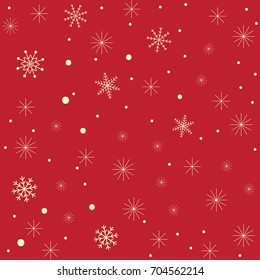 Shining gold snowflakes on dark red background, pattern
