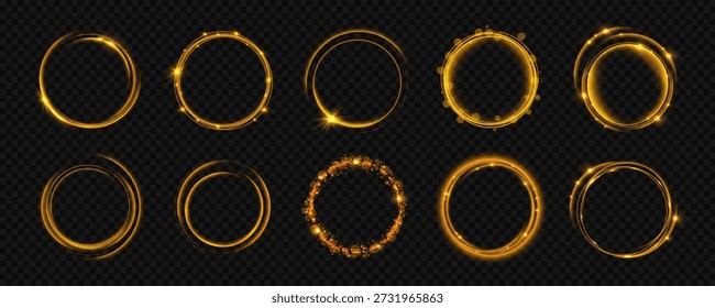 Anel de redemoinho dourado brilhante com aura brilhante e brilhos flutuantes. Quadro de luz circular é premium e macio. Sobreposição PNG ideal para design gráfico elegante.