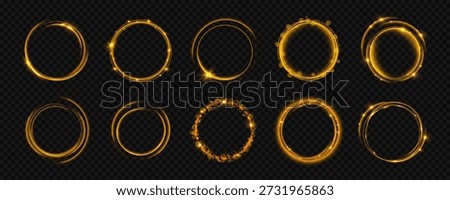 Shining gold swirl ring with glowing aura and floating sparkles. Circular light frame feels premium and soft. Ideal PNG overlay for elegant graphic design.