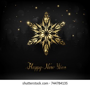 Shining gold texture Snowflake on the black.