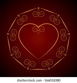 Shining gold vintage frame in the shape of a heart on a red background. Vector romantic  greeting card. Design for  Valentine's Day. 