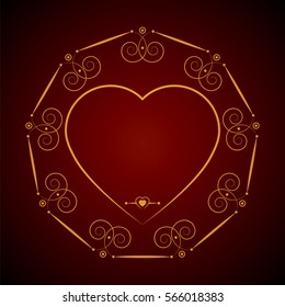 Shining gold vintage frame in the shape of a heart on a red background.  Vector romantic  greeting card. Design for  Valentine's Day. 