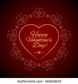 Shining gold vintage frame in the shape of a heart on a red background.  Vector romantic  greeting card.  Design for  Valentine's Day.  