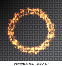 Shining golden circle frame with little particles. Abstract yellow magic circle. Vector illustration for your graphic design.