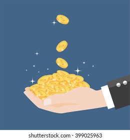 Shining golden coins falling from the sky into the hands