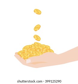 Shining golden coins falling from the sky into the hands