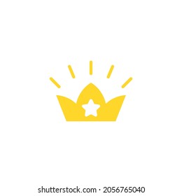 Shining Golden crown with star Icon. Vector Flat illustrationisolated on white. Winner prize label. Victory stamp. Best, first place, award icon