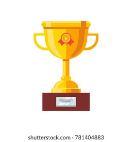 Shining golden cup award prize with red ribbon and wood pedestal. Modern flat style vector illustration isolated on white background.