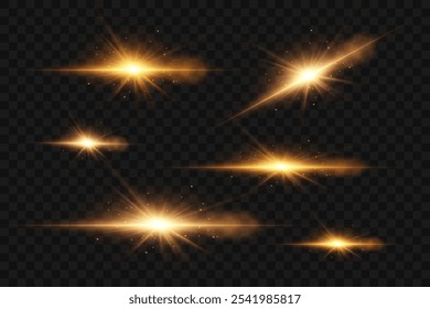 Glänzende goldene Effekte, Stern- und Lichtexplosion. Eine magische Blendung von Licht und Blitz. Auf transparentem Hintergrund.