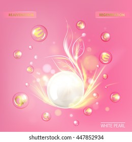 Shining golden essence droplet. Vitamin E drop with white sphere. Beauty treatment nutrition skin care design. Vector illustration.