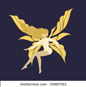 Shining Golden Fairy With Long Hair And Thin Wings Flies In Spangles Vector Illustration. Gold Pixie On Dark Background