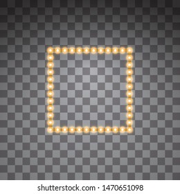 Shining golden led vector square frames, neon illumination on transparent background. Glowing decorative square tapes of diode ecological lamps light effect for banners, web-sites
