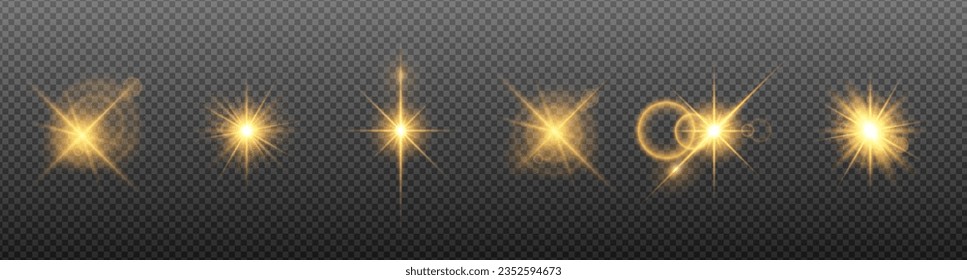 Shining golden light effects on a transparent background. A collection of various glowing sparks, stars. The effect of glow, radiance, shine. Vector illustration.