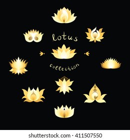 Shining golden lotuses collection. Gold lotus icon different variations. Trendy glitter lotus isolated design element. Lotus symbol. Lotus icon. Logo concept. Vector illustration.