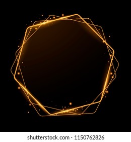 Shining golden polygon. Frame with lighting effects. Vector illustration. Place for text