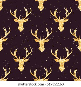 Shining golden reindeer seamless vector pattern. Shimmering glitter simple and stylish Christmas celebration design print. Speckled background.