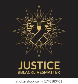 Shining golden rising cross hand with justice word For Black Lives Matter Vector Design