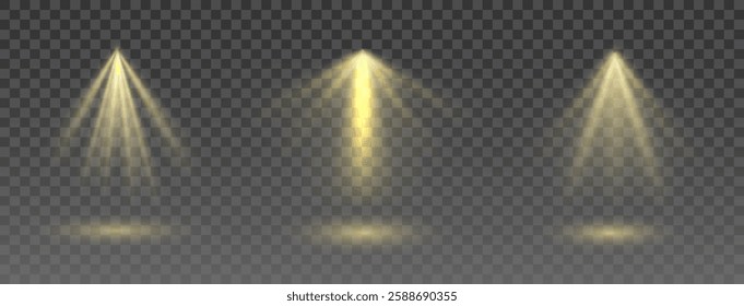 Shining golden spotlights, three light sources with glowing beams, cinematic stage lighting, realistic luminescent glow, transparent background, soft golden radiance, elegant visual atmosphere