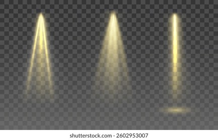Shining golden spotlights, three light sources with glowing beams, cinematic stage lighting, realistic luminescent glow, transparent background, soft golden radiance, elegant visual atmosphere