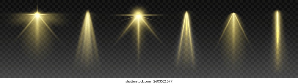 Shining golden spotlights, three light sources with glowing beams, cinematic stage lighting, realistic luminescent glow, transparent background, soft golden radiance, elegant visual atmosphere