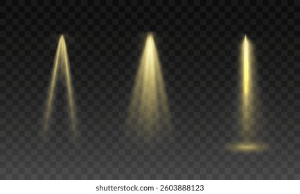 Shining golden spotlights, three light sources with glowing beams, cinematic stage lighting, realistic luminescent glow, transparent background, soft golden radiance, elegant visual atmosphere