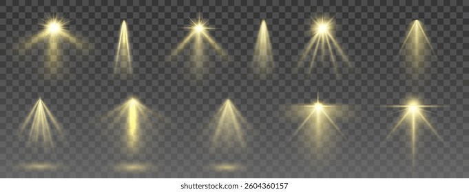 Shining golden spotlights, three light sources with glowing beams, cinematic stage lighting, realistic luminescent glow, transparent background, soft golden radiance, elegant visual atmosphere