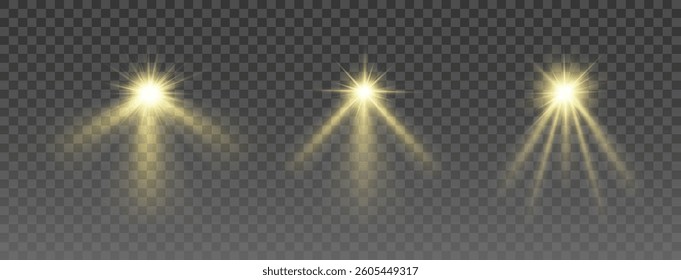 Shining golden spotlights, three light sources with glowing beams, cinematic stage lighting, realistic luminescent glow, transparent background, soft golden radiance, elegant visual atmosphere