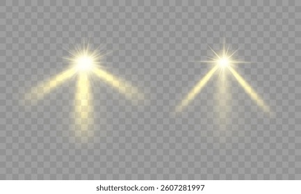 Shining golden spotlights, three light sources with glowing beams, cinematic stage lighting, realistic luminescent glow, transparent background, soft golden radiance, elegant visual atmosphere