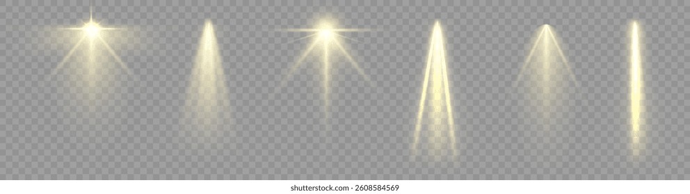 Shining golden spotlights, three light sources with glowing beams, cinematic stage lighting, realistic luminescent glow, transparent background, soft golden radiance, elegant visual atmosphere