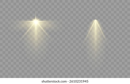 Shining golden spotlights, three light sources with glowing beams, cinematic stage lighting, realistic luminescent glow, transparent background, soft golden radiance, elegant visual atmosphere