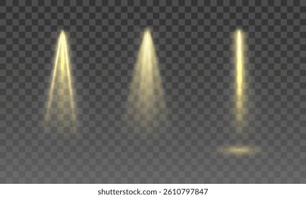 Shining golden spotlights, three light sources with glowing beams, cinematic stage lighting, realistic luminescent glow, transparent background, soft golden radiance, elegant visual atmosphere