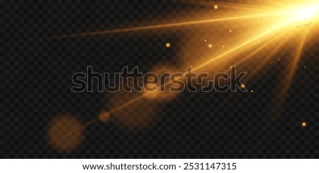 Shining golden star effect, burst of light, line and lens flare.