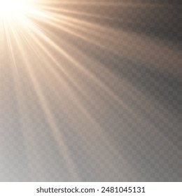 Estrella dorada brillante. Estrella Brillante de Efecto Luz, Estrella de Navidad. La luz dorada explota. Vector de luz solar transparente con efecto de destellos de lente especial. Efecto de luz de destello con lente especial. 