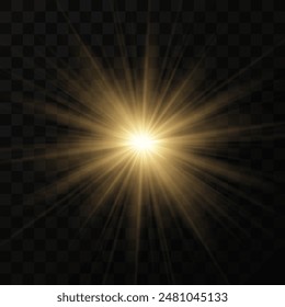 Shining golden star. Light Effect Bright Star, Christmas Star. Gold glowing light explodes. Vector transparent sunlight with special lens flare effect. Flash light effect with special lens. 