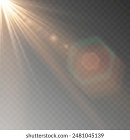 Shining golden star. Light Effect Bright Star, Christmas Star. Gold glowing light explodes. Vector transparent sunlight with special lens flare effect. Flash light effect with special lens. 