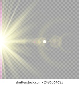 Estrella dorada brillante. Estrella Brillante de Efecto Luz, Estrella de Navidad. La luz dorada explota. Vector de luz solar transparente con efecto de destellos de lente especial. Efecto de luz de destello con lente especial. 