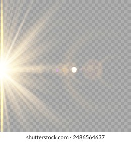 Estrella dorada brillante. Estrella Brillante de Efecto Luz, Estrella de Navidad. La luz dorada explota. Vector de luz solar transparente con efecto de destellos de lente especial. Efecto de luz de destello con lente especial. 