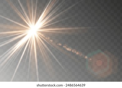 Shining golden star. Light Effect Bright Star, Christmas Star. Gold glowing light explodes. Vector transparent sunlight with special lens flare effect. Flash light effect with special lens. 