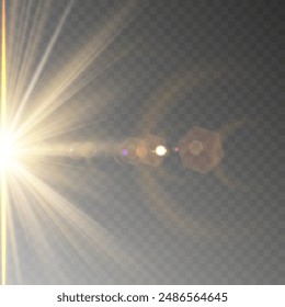 Shining golden star. Light Effect Bright Star, Christmas Star. Gold glowing light explodes. Vector transparent sunlight with special lens flare effect. Flash light effect with special lens. 