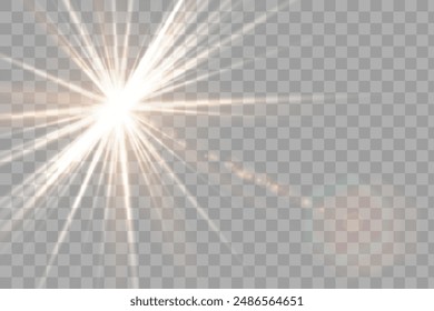 Shining golden star. Light Effect Bright Star, Christmas Star. Gold glowing light explodes. Vector transparent sunlight with special lens flare effect. Flash light effect with special lens. 
