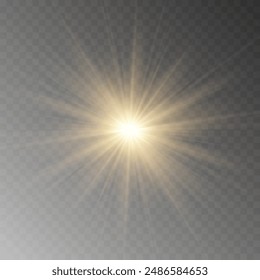 Estrella dorada brillante. Estrella Brillante de Efecto Luz, Estrella de Navidad. La luz dorada explota. Vector de luz solar transparente con efecto de destellos de lente especial. Efecto de luz de destello con lente especial. 